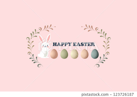 Happy Easter with a Charming Bunny Surrounded by Decorative Eggs and Floral Elements 123726187