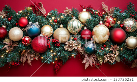 Colorful ornaments and pine branches arranged festively against a red backdrop. Concept of holiday decoration and festive cheer. 123726281
