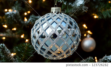 Christmas ornament on a tree, decorated with lights and greenery. Concept is holiday decoration and festive ambiance. 123726282
