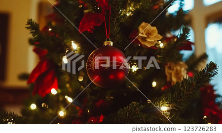 A red ornament hangs on a decorated tree with glowing lights. Concept of festive holiday decoration indoors. A red ornament hangs on a decorated tree with glowing lights. Concept of festive holiday decoration indoors. 123726283