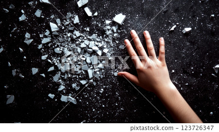 A hand reaches out to touch scattered white particles on a dark surface. Concept of interaction and chaos. 123726347