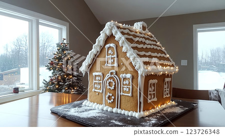 Gingerbread house covered in icing sits on a wooden table near a decorated tree. Concept: Festive holiday decoration. 123726348