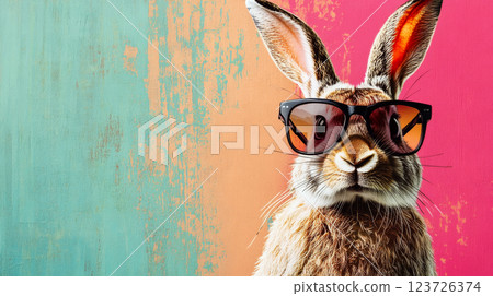 Rabbit wearing sunglasses against a vibrant, textured background. Concept is quirky and stylish animal. 123726374