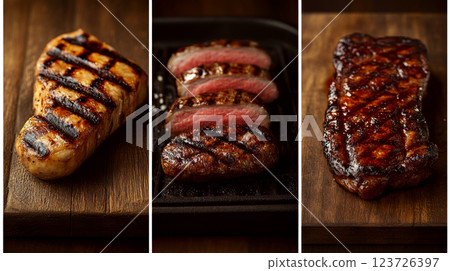 Grilled steaks rest on wooden boards and a grill, perfectly cooked with charred lines. Concept of barbecue, meat, and culinary delight. 123726397