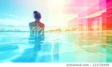 A woman stands in a pool, gazing toward a colorful glass building under a bright sky. Concept of relaxation and modern luxury. 123726400