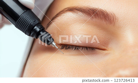 Permanent makeup needle applies eyeliner to a closed eyelid. Concept beauty treatment, enhancement, precision. 123726413