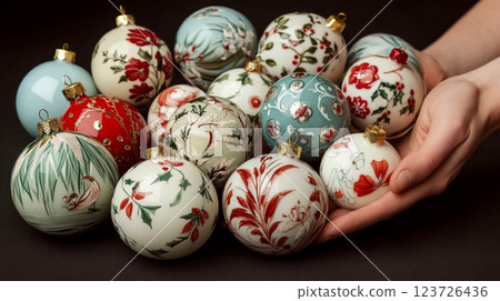 Ornaments with floral designs placed on a dark surface and in hands. Concept shows holiday decoration and festive elegance. 123726436