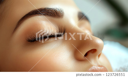 Closed eye with long eyelashes is resting on a soft surface. Concept of relaxation and beauty. 123726551