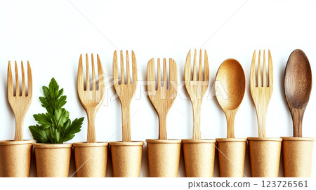 Wooden forks and spoons are arranged upright in paper cups with a sprig of green parsley on the left. Concept is eco-friendly dining and sustainability. Wooden forks and spoons are arranged upright in paper cups with a sprig of green parsley on the left. Concept is eco-friendly dining and sustainability. 123726561