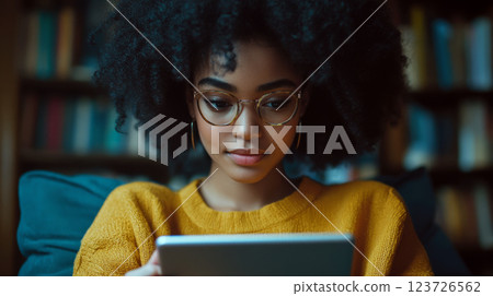 Young woman with curly hair and glasses sits on a couch reading a tablet. Concept of concentration and relaxation. 123726562