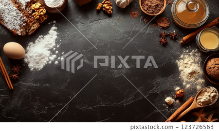 Various baking ingredients like flour, eggs, and spices are arranged on a dark surface. Concept is rustic cooking and ingredient preparation. Various baking ingredients like flour, eggs, and spices are arranged on a dark surface. Concept is rustic cooking and ingredient preparation. 123726563