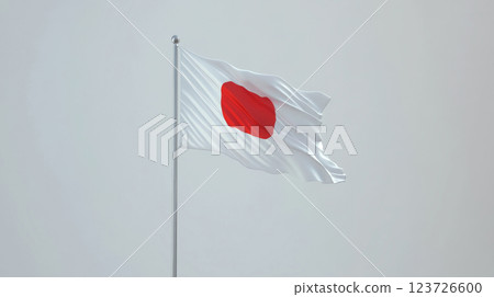Flag with a red circle flies on a pole against a grey sky. Concept of national identity and pride. 123726600