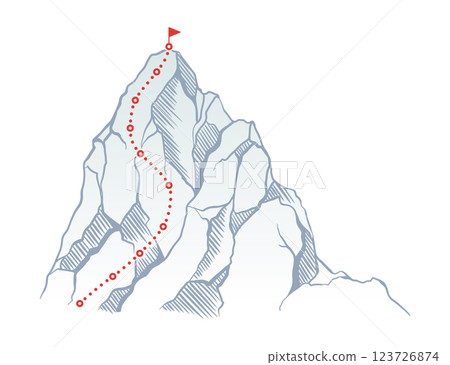 Mountain climbing route to top rock with red flag on peak. Business journey path in progress, way to success or concept of goal. Vector illustration 123726874