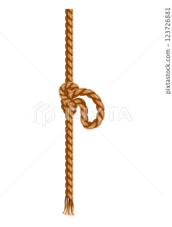 Hanging rope with tassel and node. Knitted nautical thread or marine vertical fiber. Textile tassel hang at rope isolated on white background. Vector illustration Hanging rope with tassel and node. Knitted nautical thread or marine vertical fiber. Textile tassel hang at rope isolated on white background. Vector illustration 123726881