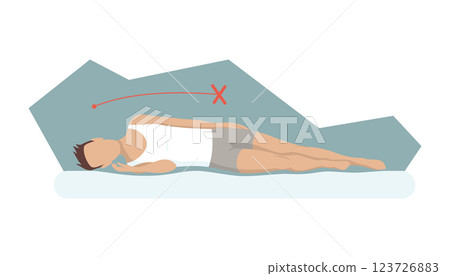 Incorrect sleeping body posture. Not healthy sleeping position spine in various mattresses and pillow. Caring for health of back, neck. Vector illustration 123726883