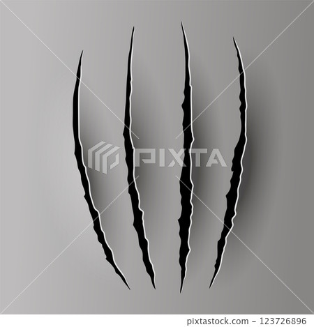 Bear or tiger claw mark. Scratches and torn traces of vector animal paw slashes. Hole in sheet of paper with torn edges. Vector illustration 123726896