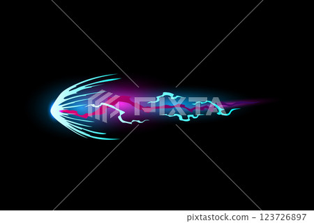 Speed effect cartoon vfx. Comic line blaster shot. Energy fire flame light. Neon color, asteroid flying rock. Flash lightning motion. Fantasy vector element 123726897