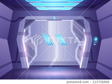 Spaceship sliding door or laboratory gate. Closed gate with illuminated entrance frame. Bunker or spacecraft exit concept for games and mobile applications spaceship 123726898