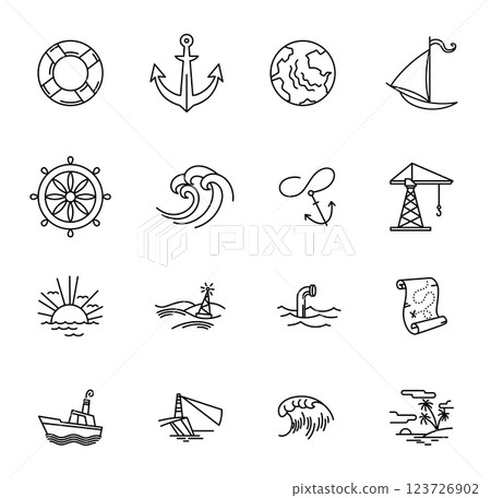 Marine port icon set. Outline linear seaport symbol vector. Linear style illustration with editable stroke isolated on white background Marine port icon set. Outline linear seaport symbol vector. Linear style illustration with editable stroke isolated on white background 123726902