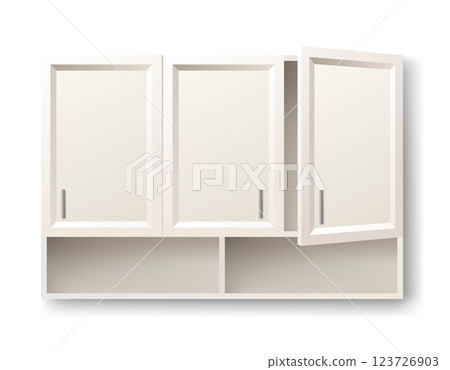 Kitchen cabinets mockup. Vector furniture for design interior. Isolated home workspace equipment. Interior office or living room object Kitchen cabinets mockup. Vector furniture for design interior. Isolated home workspace equipment. Interior office or living room object 123726903