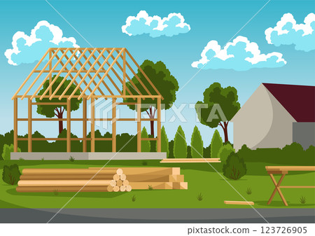 House building. New construction architecture, engineering on site. Work process with house on construction site. Vector cartoon illustration 123726905
