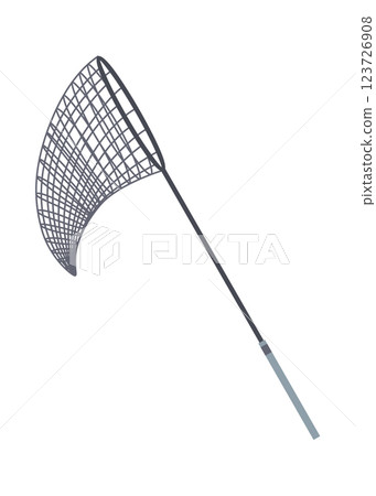 Fish net icon, isolated fishnet and fish scoop. Mesh tool used for catching. Device for safely transferring fish from one container to another or water. Vector cartoon illustration 123726908