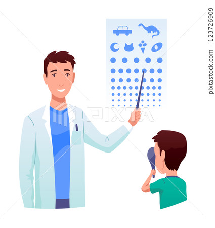 Eyesight diagnostics. Optometrist checking kid eyesight with spectacles medical equipment. Ophthalmologist doctor examining eyesight vision of patient 123726909