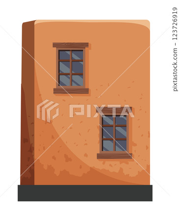 Adobe house. Traditional building illustrate craftsmanship of rustic architecture. Construction with wooden elements. Vector cartoon illustration 123726919