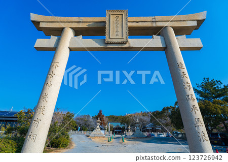 The large torii gate of Iwatsuhime Shrine, shining against the blue sky, Ako City, Hyogo Prefecture The large torii gate of Iwatsuhime Shrine, shining against the blue sky, Ako City, Hyogo Prefecture 123726942