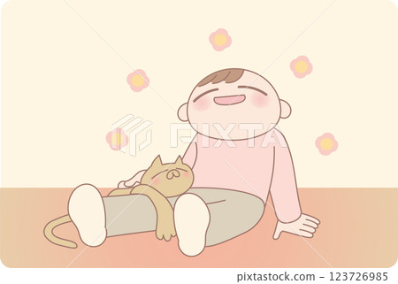一個人和一隻貓在溫暖的地暖中放鬆,臉上露出幸福的表情 一個人和一隻貓在溫暖的地暖中放鬆,臉上露出幸福的表情 123726985