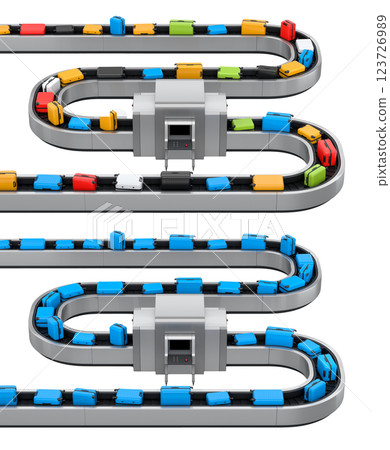 Set of Airport luggage conveyor belt or baggage claim area with suitcases on white background. 3d render of travel vacation concept. Set of Airport luggage conveyor belt or baggage claim area with suitcases on white background. 3d render of travel vacation concept. 123726989