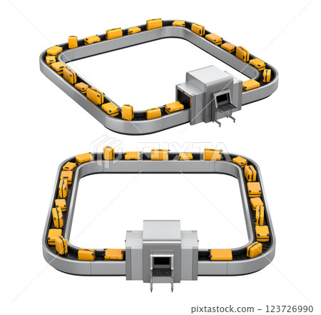 Set of Airport luggage conveyor belt or baggage claim area with suitcases on white background. 3d render of travel vacation concept. 123726990