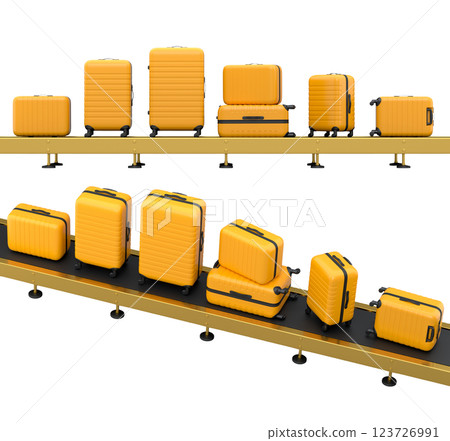 Set of Airport luggage conveyor belt, manufacture line or baggage claim area with suitcases on white background. 3d render of travel vacation concept. 123726991