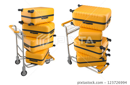 Set of Regular polycarbonate suitcase on hotel trolley cart for carrying baggage on white background. 3d render travel concept of hotel service on vacation and luggage transportation Set of Regular polycarbonate suitcase on hotel trolley cart for carrying baggage on white background. 3d render travel concept of hotel service on vacation and luggage transportation 123726994