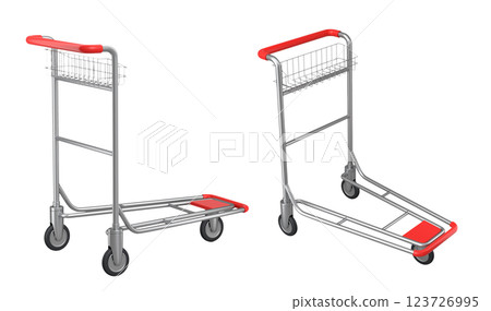 Set of Airport luggage cart or baggage trolley side on white background. 3d render element of hotel service on vacation Set of Airport luggage cart or baggage trolley side on white background. 3d render element of hotel service on vacation 123726995