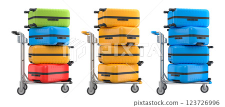 Set of Regular polycarbonate suitcase on hotel trolley cart for carrying baggage on white background. 3d render travel concept of hotel service on vacation and luggage transportation Set of Regular polycarbonate suitcase on hotel trolley cart for carrying baggage on white background. 3d render travel concept of hotel service on vacation and luggage transportation 123726996