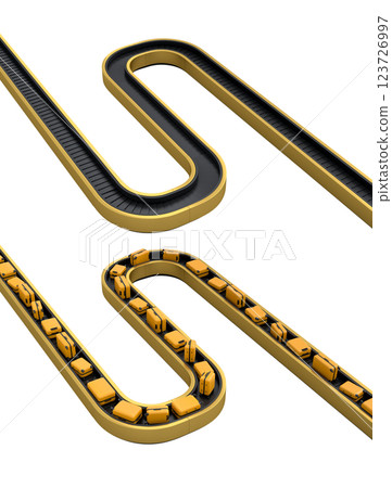 Set of Airport luggage conveyor belt or baggage claim area with suitcases on white background. 3d render of travel vacation concept. Set of Airport luggage conveyor belt or baggage claim area with suitcases on white background. 3d render of travel vacation concept. 123726997