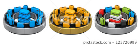 Set of Airport luggage conveyor belt or baggage claim area with suitcases on white background. 3d render of travel vacation concept. Set of Airport luggage conveyor belt or baggage claim area with suitcases on white background. 3d render of travel vacation concept. 123726999