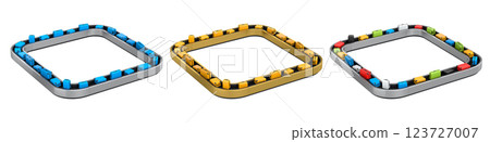 Set of Airport luggage conveyor belt or baggage claim area with suitcases on white background. 3d render of travel vacation concept. Set of Airport luggage conveyor belt or baggage claim area with suitcases on white background. 3d render of travel vacation concept. 123727007