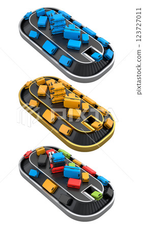 Set of Airport luggage conveyor belt or baggage claim area with suitcases on white background. 3d render of travel vacation concept. 123727011