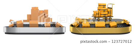 Set of Airport luggage conveyor belt or baggage claim area with suitcases on white background. 3d render of travel vacation concept. 123727012
