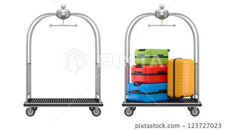 Set of Regular polycarbonate suitcase on hotel trolley cart for carrying baggage on white background. 3d render travel concept of hotel service on vacation and luggage transportation Set of Regular polycarbonate suitcase on hotel trolley cart for carrying baggage on white background. 3d render travel concept of hotel service on vacation and luggage transportation 123727023