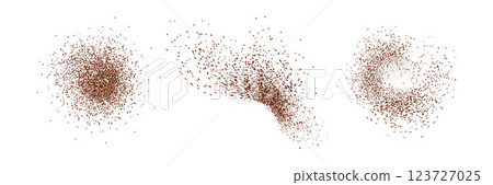 Chocolate and coffee powder, scattered cocoa on a light background. Particles of earth and dust. Brown sand texture.Top view of the cake. Chocolate and coffee powder, scattered cocoa on a light background. Particles of earth and dust. Brown sand texture.Top view of the cake. 123727025
