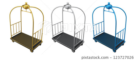 Set of Hotel luggage trolley cart for carrying baggage on white background. 3d render element of hotel service on vacation Set of Hotel luggage trolley cart for carrying baggage on white background. 3d render element of hotel service on vacation 123727026