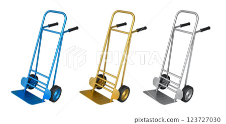 Set of Empty hand truck or dolly isolated on white background. 3d render of industry delivery and carrying stuff on warehouse and store Set of Empty hand truck or dolly isolated on white background. 3d render of industry delivery and carrying stuff on warehouse and store 123727030