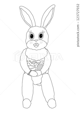 Black and white coloring page featuring an adorable Easter bunny holding a collection of decorated Easter eggs. Perfect for holidays fun and animal theme. 123727032