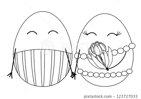 Black and white Easter themed coloring page featuring a happy family Easter eggs couple holding hands with bouquet tulips and decorations. Ideal for festive crafts. 123727033