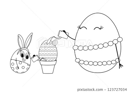 Black and white Easter themed coloring page with adorable anthropomorphic happy family Easter eggs characters watering a potted egg cactus plant. Perfect for kids festive holiday crafts. Black and white Easter themed coloring page with adorable anthropomorphic happy family Easter eggs characters watering a potted egg cactus plant. Perfect for kids festive holiday crafts. 123727034