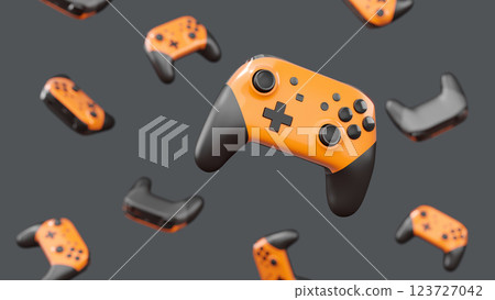 Realistic black video game joysticks or gamepads rotating and falling on black background. 3D render of streaming gear for cloud gaming and gamer workspace concept Realistic black video game joysticks or gamepads rotating and falling on black background. 3D render of streaming gear for cloud gaming and gamer workspace concept 123727042