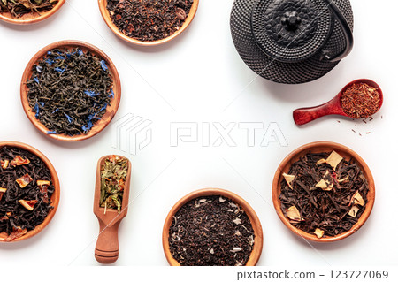 Loose tea leaves, a frame. A variety of fruit, herbal, and floral teas 123727069